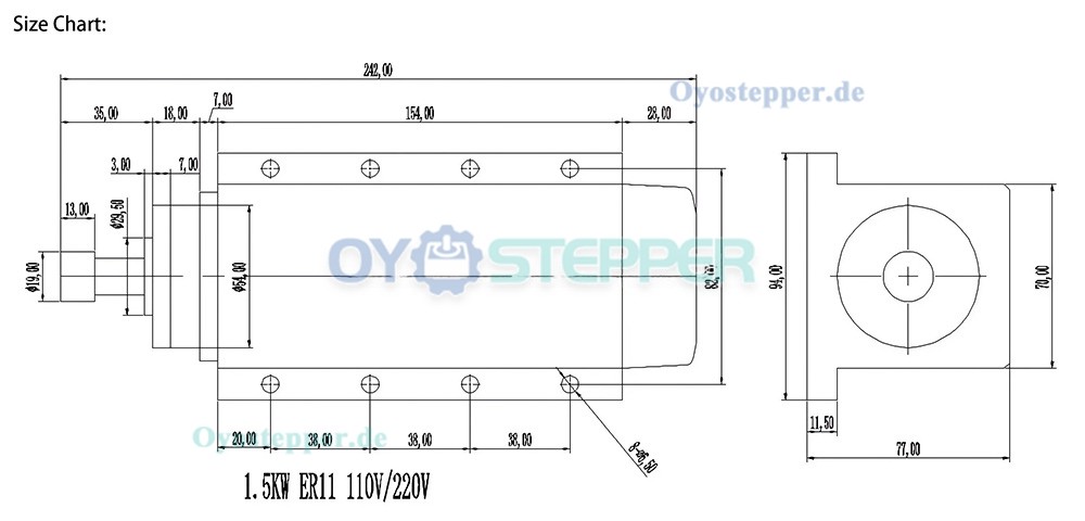 Luftgek&uuml;hlte CNC Motorspindel 1,5kW ER11/ER16 110V/220V 24000U/min mit Rundsteckverbinder